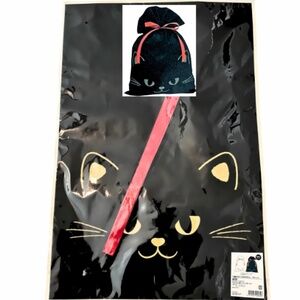 Okini Non Woven Gift Bag. Large. Black/Gold with Red Ribbon. Cat Print. 1 Piece